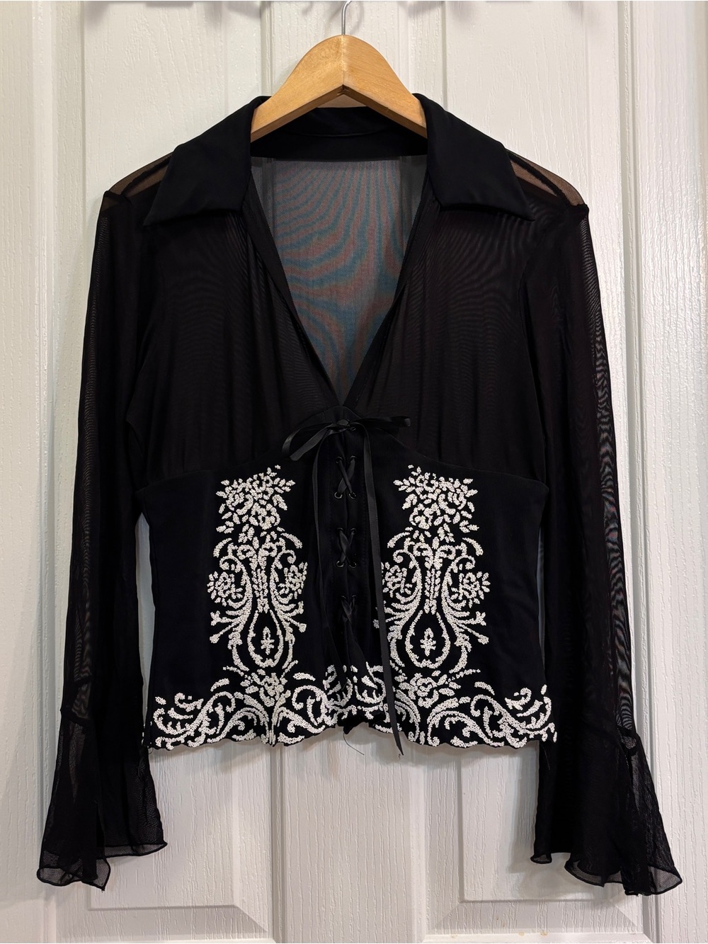 Joseph Ribkoff Black Sheer Mesh Blouse with Beading Corset Detail - Picture 1 of 6